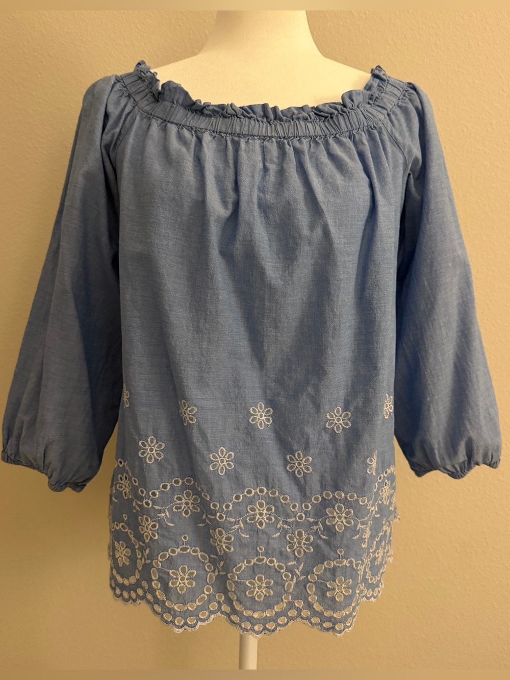 Ann Taylor Factory Blue Eyelet Embroidered Peasant Blouse Size L - EUC